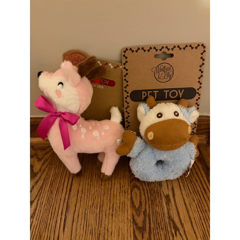 Winifred & Lily‎ Pet Toy Set Pink Deer & Blue Cow Plush Squeaker Dog Toys NWT